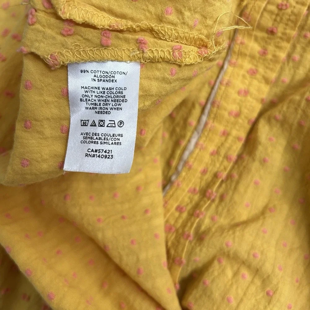 LOFT Yellow Dotted Textured Cotton Blouse Top Button- Up Placket Puff Sleeves M